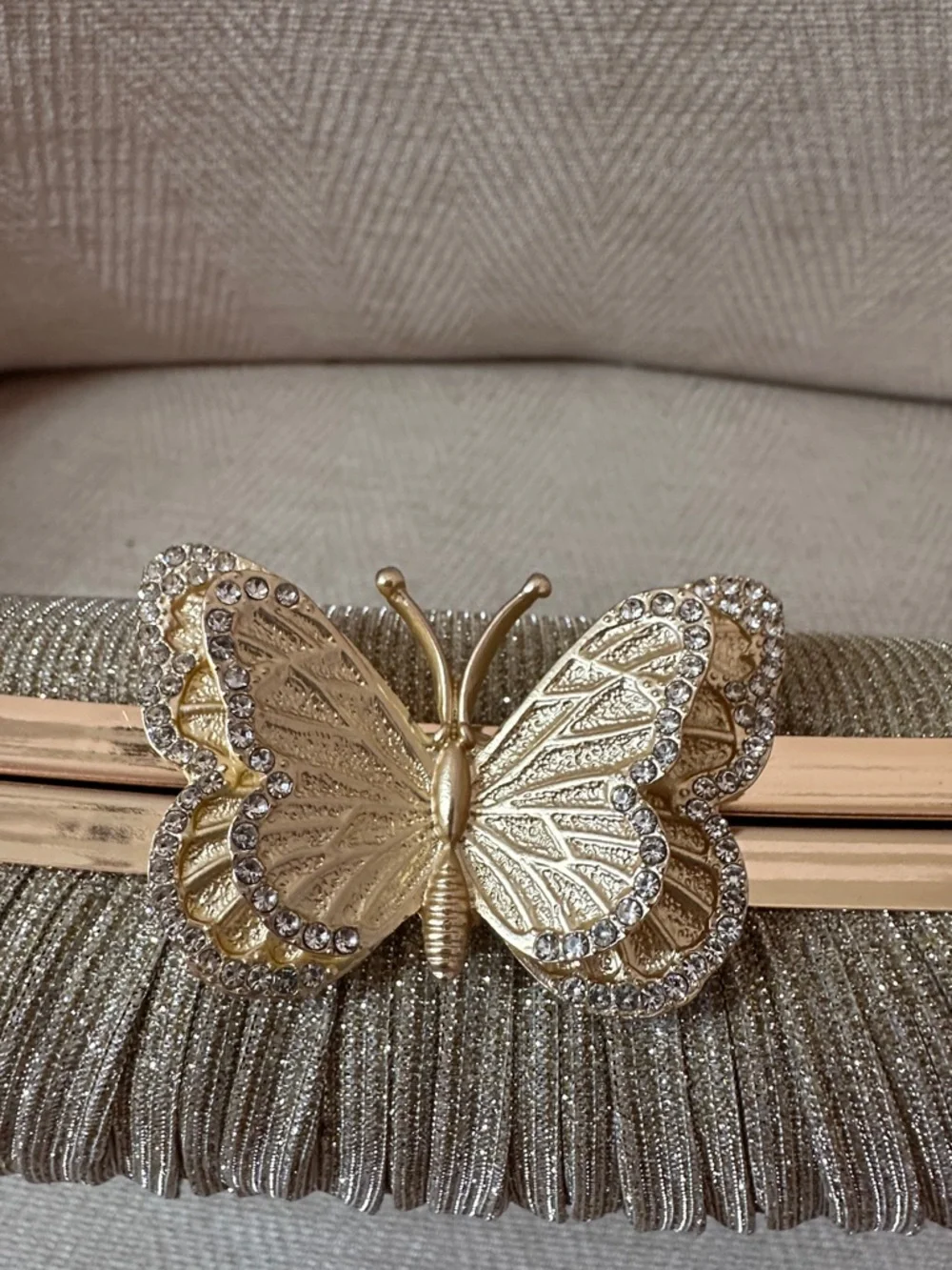 Savannah Gold Pleated Clutch with Butterfly Accent and chain